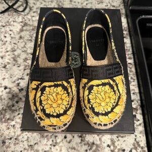 Versace Black & Yellow Baroque Medusa Espadrille Slip-Ons